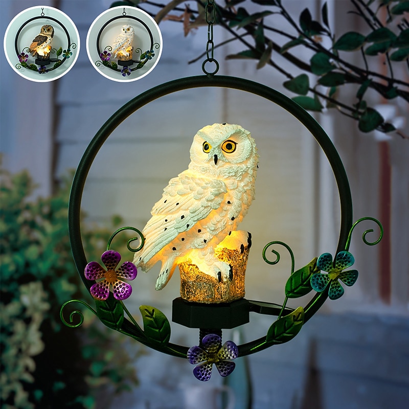 Solar LED Outdoor Lights Owl Hanging Night Light Waterproof Garden Lamp Resin Pendant Courtyard Terrace Holiday Decoration Lighting