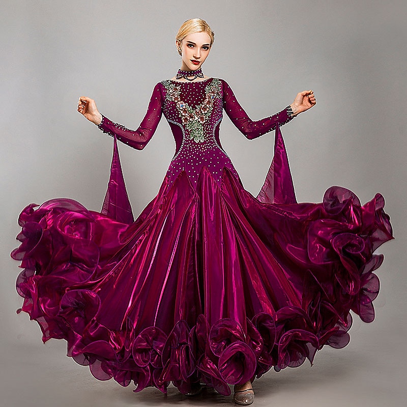 Ballroom Dance Dress Embroidery Appliques Crystals / Rhinestones Women's Performance Training Long Sleeve Tulle Ice Silk