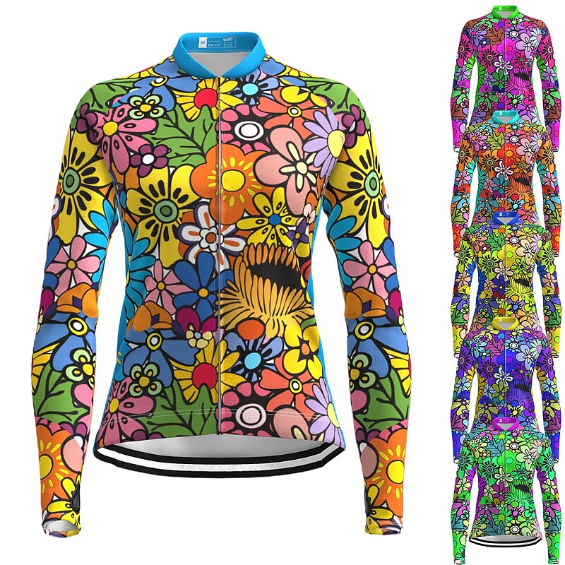Women's Cycling Jersey Rainbow Floral Botanical LGBT Long Sleeve Bike Jersey Top with 3 Rear Pockets Mountain Bike MTB Road Bike Cycling Quick Dry Reflective Strips Back Pocket Moisture Wicking Sports