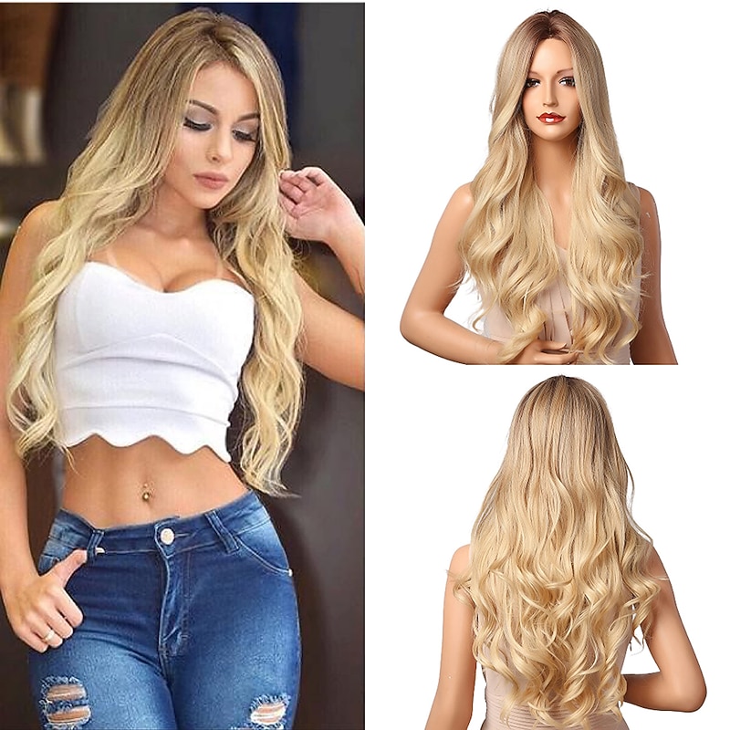 Blonde Wigs for Women Brown Gradient Gold Ladies Wigs, Ladies Medium-Length Curly Hair Natural Wavy Wigs, White Female Wigs, Cosplay Wigs, Heat-Resistant Daily Wigs Christmas Party Wigs4