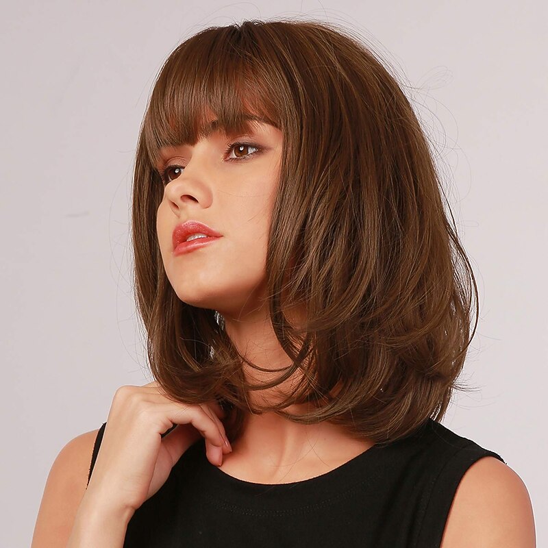 Brown Bob Wig with Bangs Synthetic Wigs for Women Medium Length Straight Wigs Natural Looking Wigs 12inch3