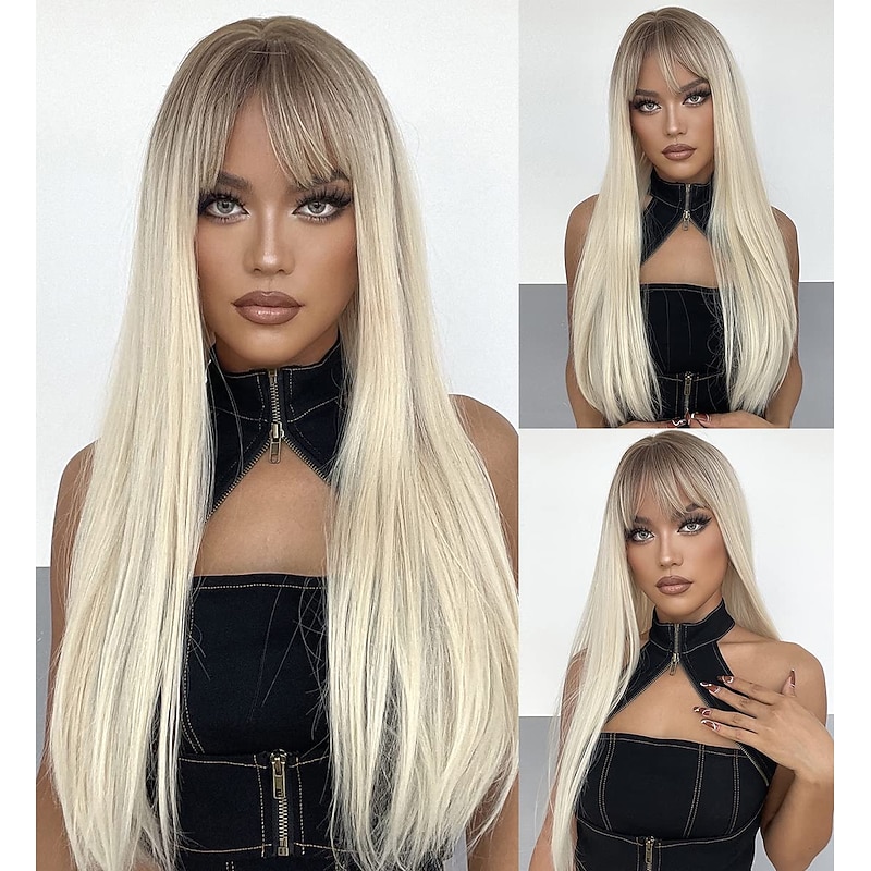 Platinum Blonde Wig with Bangs, Straight Long Hair Wig, Blond Wig with Front Cut Bangs, Synthetic Wigs for Women, 613 Wig with Fringe, -156 Christmas Party Wigs barbiecore Wigs2