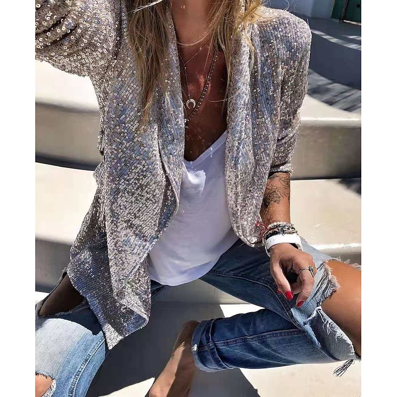 Women's Blazer Sequins Coat Sparkle Coa White Black Gold Open Front Long Sleeve,Sequin Jacket Shine Bright Like Diamond tParty Evening Spring Autumn Regular Fit S M L XL XXL