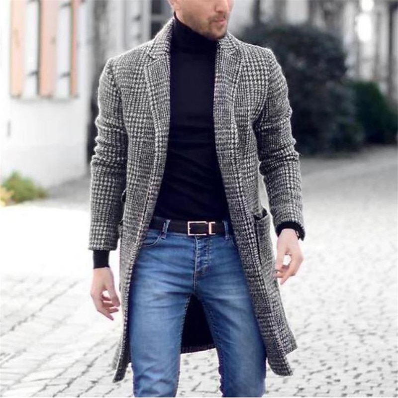 Men's Winter Coat Overcoat Business Casual Fall Winter Polyester Outerwear Clothing Apparel Houndstooth Notch lapel collar Open Front2