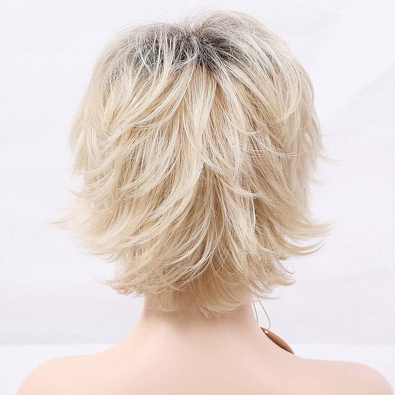 Blonde Wigs for Women Short Blonde Layered Synthetic Hair Wigs for Women Mixed Black Roots4