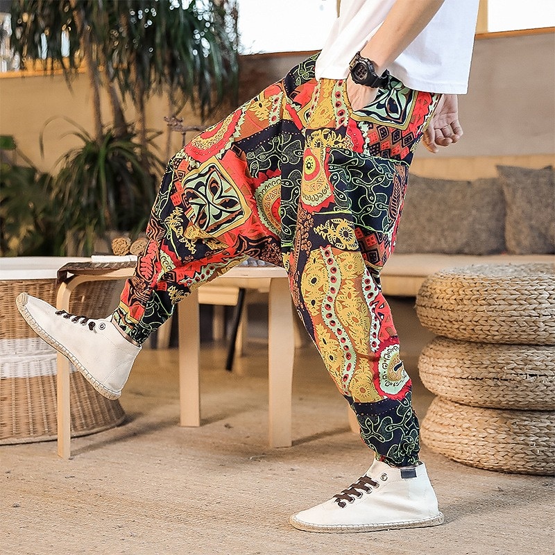 Men's Harem Sweatpants Trousers Summer Pants Baggy Elastic Waist Drop Crotch Butterfly Abstract Flower / Floral Breathable Soft Full Length Casual Daily Cotton And Linen Ethnic Style Chinoiserie3