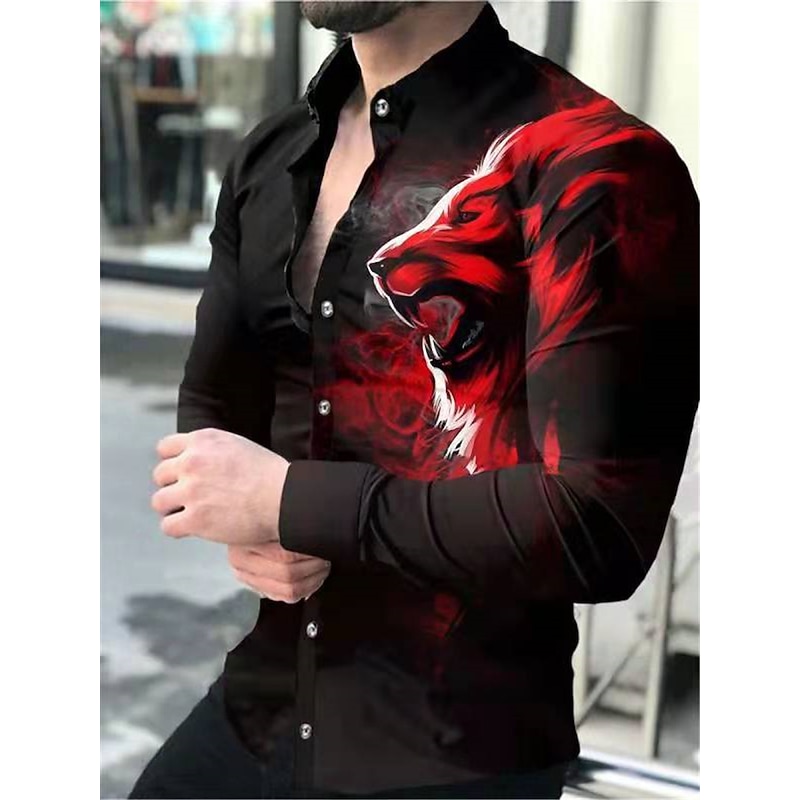 Men's Animal Lion Shirt Button Up Shirt Long Sleeve Fashion Designer Casual Daily Holiday Going out Spring & Summer Turndown 3D Print Button-Down Yellow Red Blue Green
