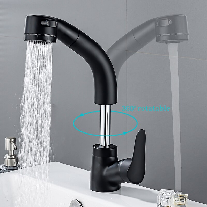 Matte Black Bathroom Basin Faucet Pull Out Spout Rotatable Liftable Body Deck Mounted Hot and Cold Water Mixer Tap3