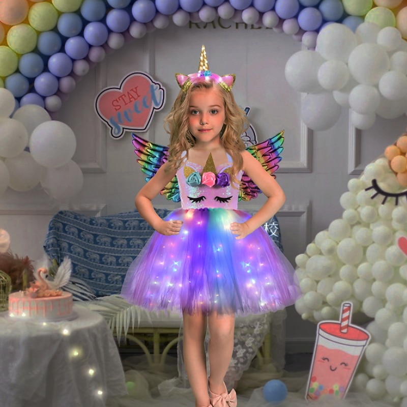 Kids Girls' Led Luminous Unicorn Tutu Dress Birthday Performance Ruched Mesh Patchwork Purple Rainbow Light Blue Cotton Above Knee Sleeveless Costume Cute Dresses Fall Summer