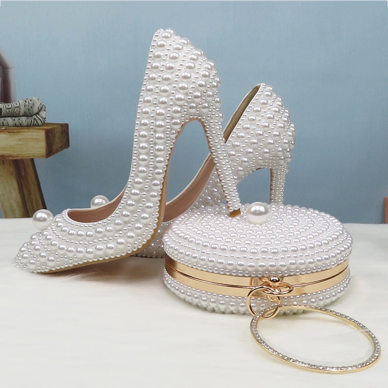 White Pearl-Embellished Stiletto Heels and Round Pearl Purse Set – Elegant Bridal Shoes with Matching Handbag for Weddings and Special Occasions4