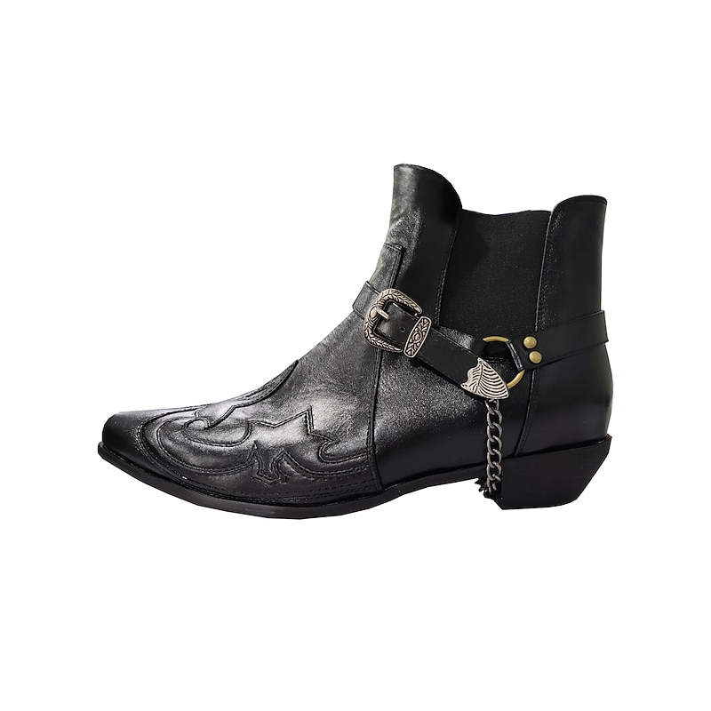 Men's Black Leather Western Motorcycle Boots - Embroidered Design with Metal Buckle and Chain for Biker and Fashion Wear3