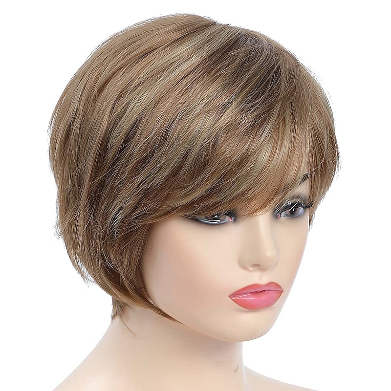 Pixie Cut Layered Short Brown Wigs with Bangs Straight Synthetic Wigs for White Women (Blonde Mixed Brown)3