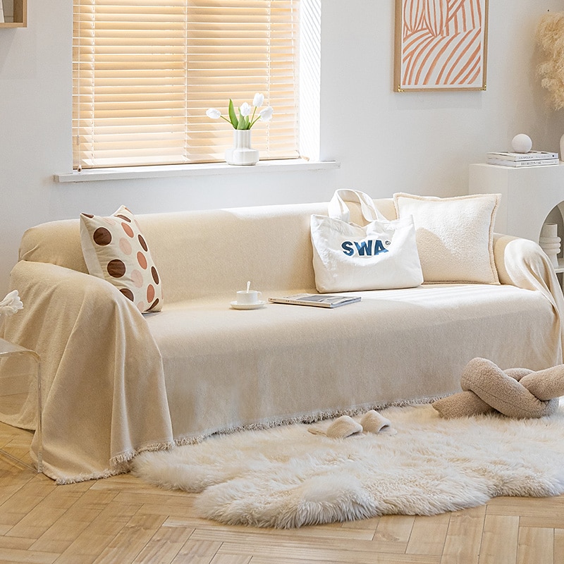 Chenille Sofa Blanket Sofa Slipcover Furniture Protector from Pet Scratch, Premium Throw Blankets,White4