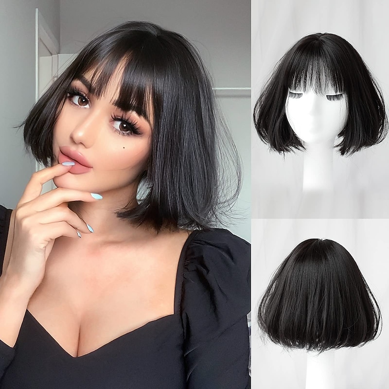 Black Wig with Bangs Short Straight Bob Wigs for Women 10 Inch Natural Looking Synthetic Hair Replacement Wigs for Daily Party Cosplay Use (Black) Christmas Party Wigs