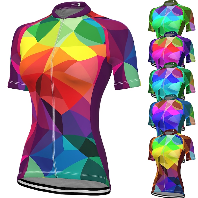 Women's Cycling Jersey Geometric Rainbow Geometry Short Sleeve Bike Jersey Top with 3 Rear Pockets Mountain Bike MTB Road Bike Cycling Fast Dry Quick Dry Reflective Strips Back Pocket Sports Violet