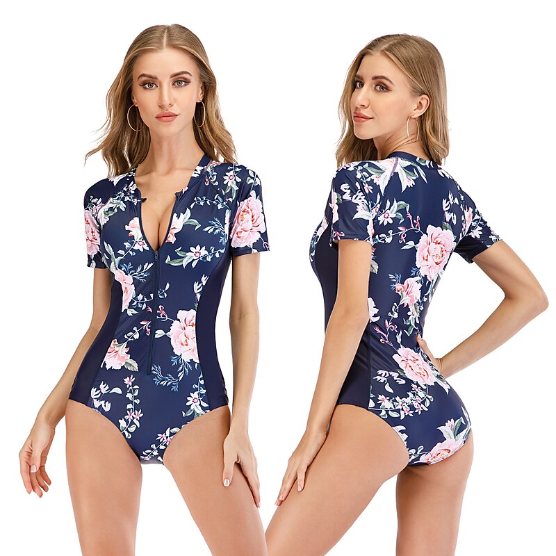 Women's Rash Guard One Piece Swimsuit UV Sun Protection Breathable Quick Dry Short Sleeve Bodysuit Bathing Suit Front Zip Swimming Surfing Beach Water Sports Floral Summer / Stretchy / Lightweight