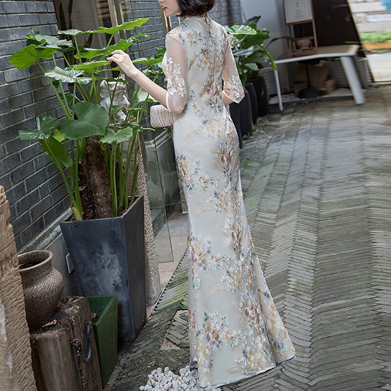 Sheath Evening Gown Vintage Dress Wedding Guest Formal Evening Floor Length Half Sleeve High Neck Satin with Embroidery  dress to impress3