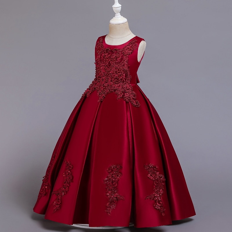 Flower Girl Dress Girls' Dress Party Dress Wedding Party Cute Princess Ruched Print Floral Sleeveless Crew Neck White Wine 4-13 Years