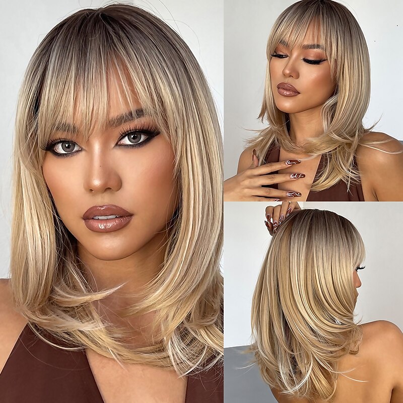 Synthetic Wig kinky Straight With Bangs Wig Long Light Blonde Synthetic Hair 20 inch Women's Fashionable Design Comfortable Black Ombre Blonde