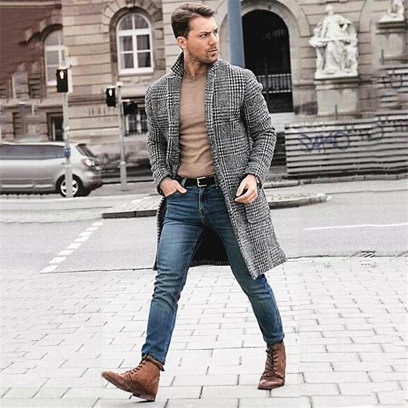 Men's Winter Coat Overcoat Business Casual Fall Winter Polyester Outerwear Clothing Apparel Houndstooth Notch lapel collar Open Front4