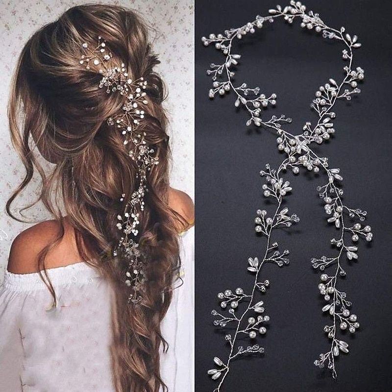 Bridal Rose Gold and Gold Silver Extra Long Pearl and Crystal Beads Bridal Hair Vine Wedding Head Piece Bridal Hair Accessories Headband Hair Jewelry Hair Accessories