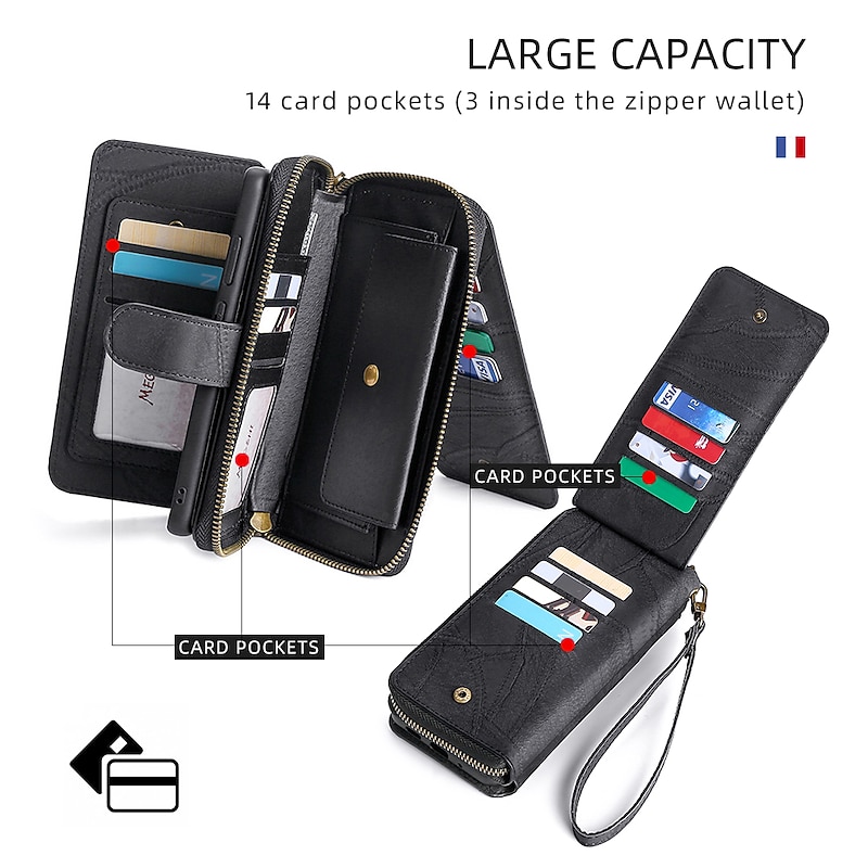 Phone Case For Samsung Galaxy S23 S22 S21 FE S21 Ultra Plus A14 A54 A73 A53 A33 A72 Wallet Case Zipper Full Body Protective with Phone Strap Solid Colored PC PU Leather4