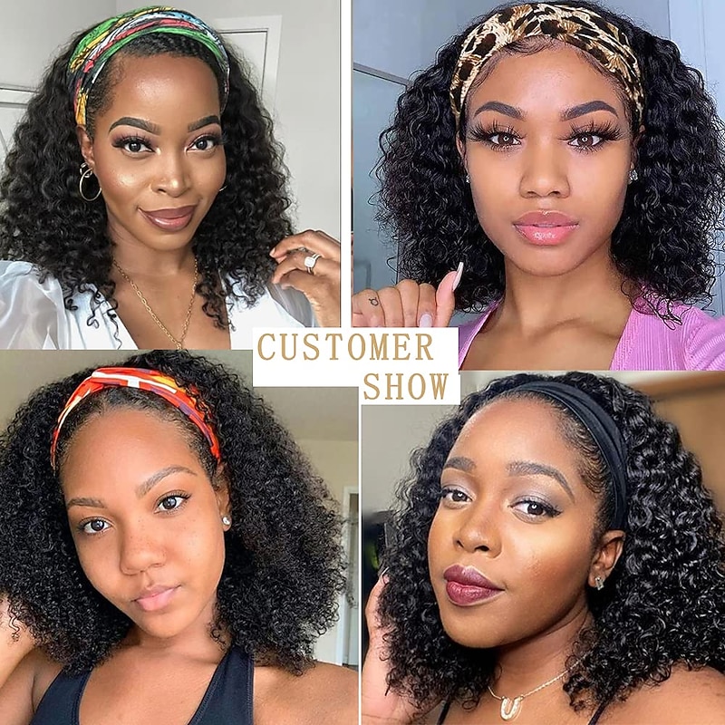 Black Wigs for Women Deep Wave Headband Bob Wigs for Women,12 Inch Synthetic Water Wave Short Black Curly Wigs with Headband（No Colored Headband）2