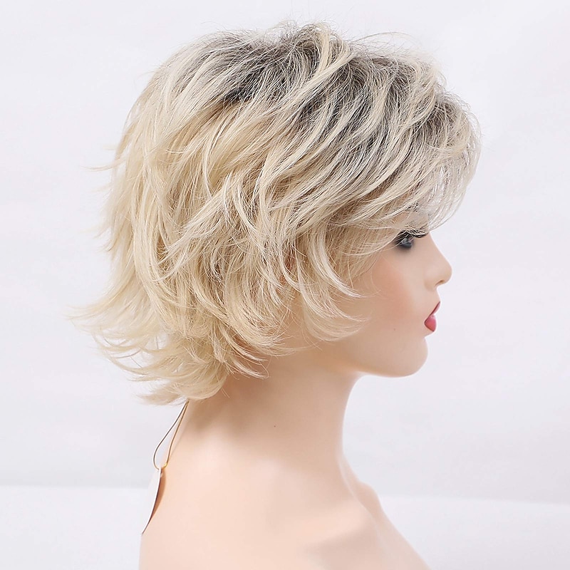 Blonde Wigs for Women Short Blonde Layered Synthetic Hair Wigs for Women Mixed Black Roots3