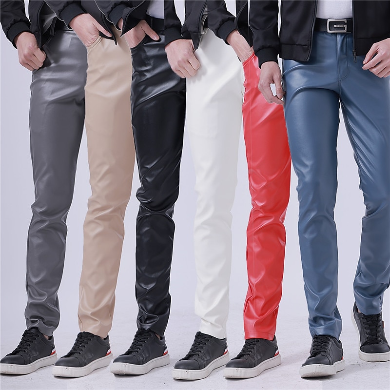 Men's Trousers Faux Leather Pants Casual Pants Pocket Straight Leg Plain Stretch Party Daily Wear Fashion Streetwear Black White - Main Image