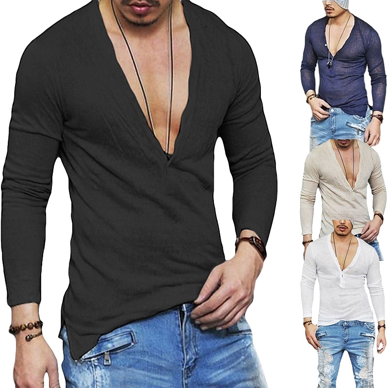 Men's T Shirt Long Sleeve Shirt Long Sleeve V Neck Summer Plain Sports Fashion Lightweight Vacation Casual Holiday Black White Navy Blue Top Tee for Men