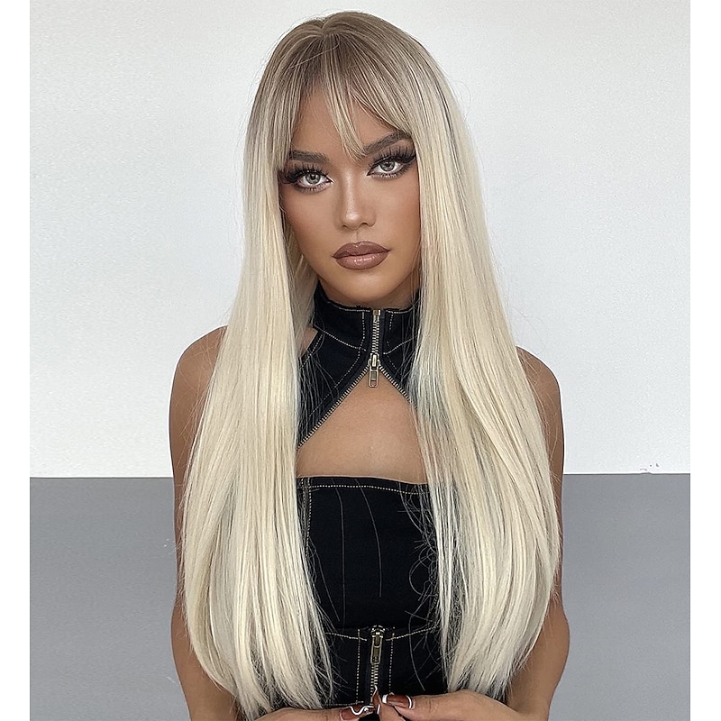 Platinum Blonde Wig with Bangs, Straight Long Hair Wig, Blond Wig with Front Cut Bangs, Synthetic Wigs for Women, 613 Wig with Fringe, -156 Christmas Party Wigs barbiecore Wigs3