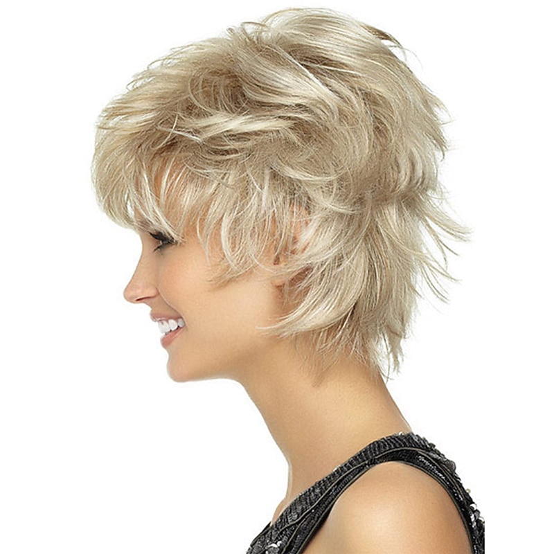 Short Blonde Wigs Omber Blonde Pixie Cut Wig for Women Natural Wavy Real Hair Synthetic Wig with Bangs2