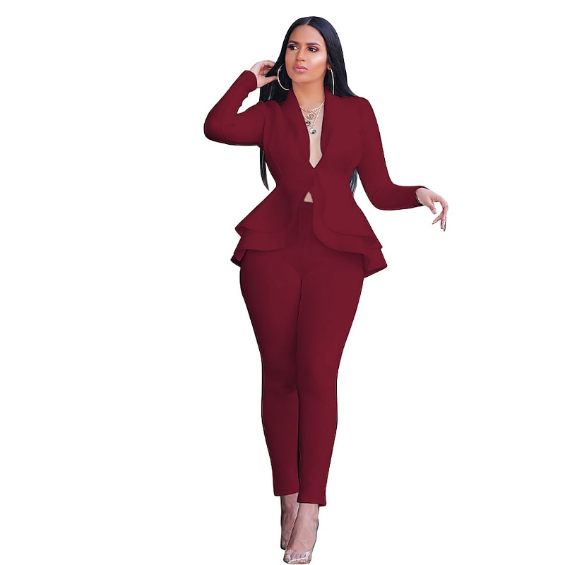 Women's Vintage Basic Blazer Office Suit Pants Sets Long Sleeve Shirt Collar Solid Color Ruffle Office Wear to work Black White Pink Fall & Winter Regular Fit3