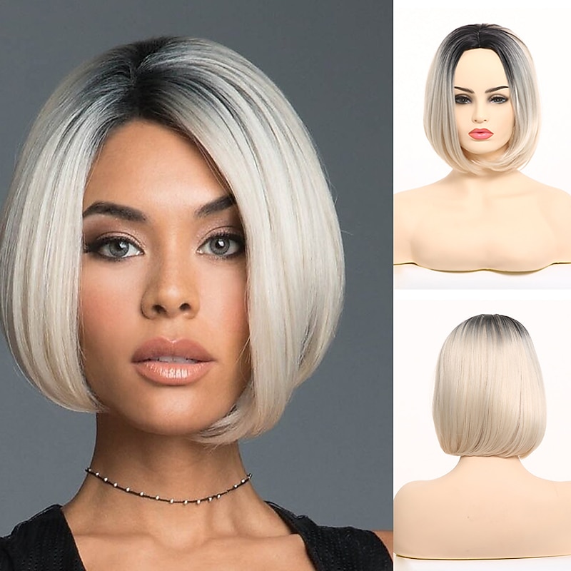 White Wigs for Women Synthetic Wig Straight Bob Wig Short Black White Synthetic Hair 10 inch