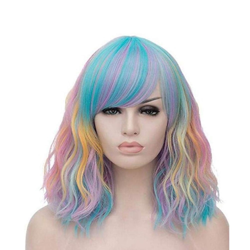 Mixed Color Wigs for Women Gothic Wig Evaner Wavy Wig Short Bobo Wigs with Air Bangs Shoulder Length Women's Wig Curly Wavy Synthetic Cosplay Wig Pastel Bob Wig for Girl  Wigs Halloween Wigs - Main Image
