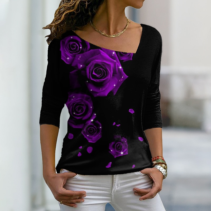 Valentine Women's Rose T Shirt Cute Floral Graphic Regular Tops Long Sleeve V Neck Print Regular Fit Casual Daily Holiday Red Blue Purple Green Fall & Winter Prefall4