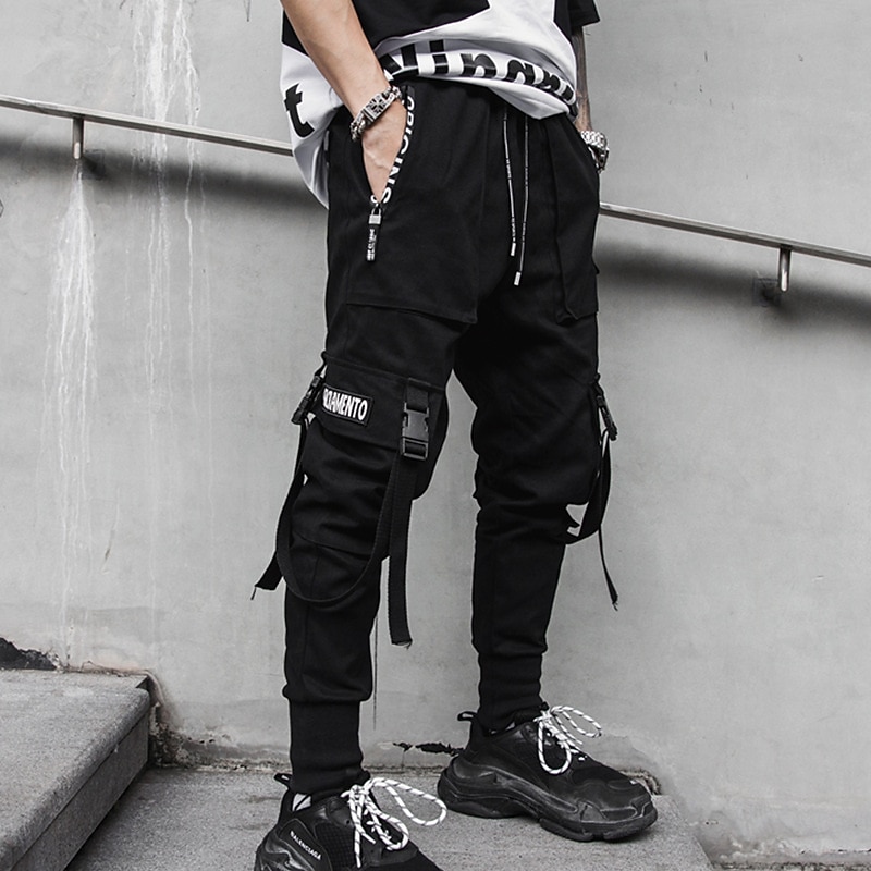 Men's Cargo Pants Cargo Trousers Joggers Trousers Harem Pants Elastic Waist Buckle Strap Plain Full Length Club Weekend Fashion Streetwear Loose Fit Black