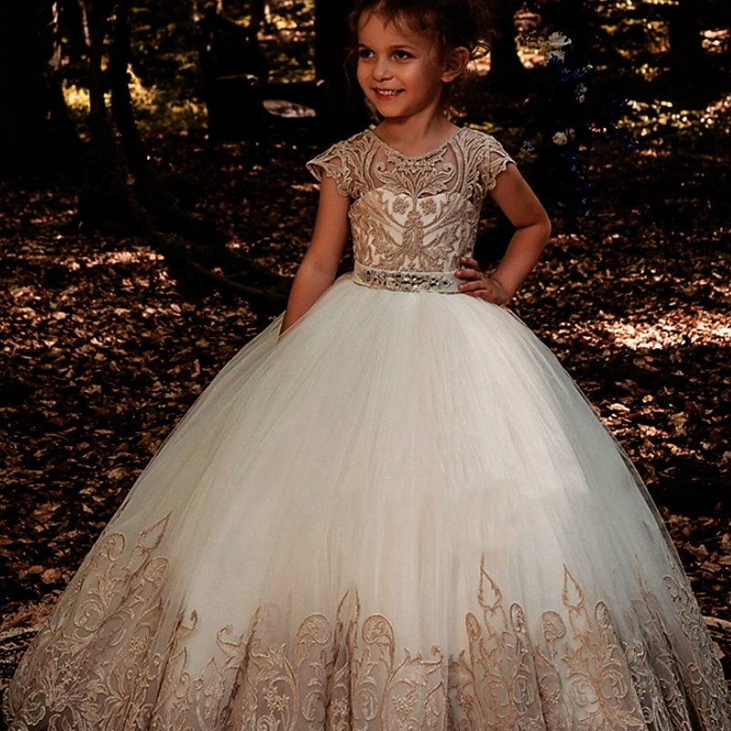 Kids Girls' Flower Girl Dress Dress Floral Solid Colored Short Sleeve Wedding Party Birthday Lace Ruched Mesh Cute Princess Polyester Maxi A Line Dress Tulle Dress Flower Girl's Dress Summer Fall2