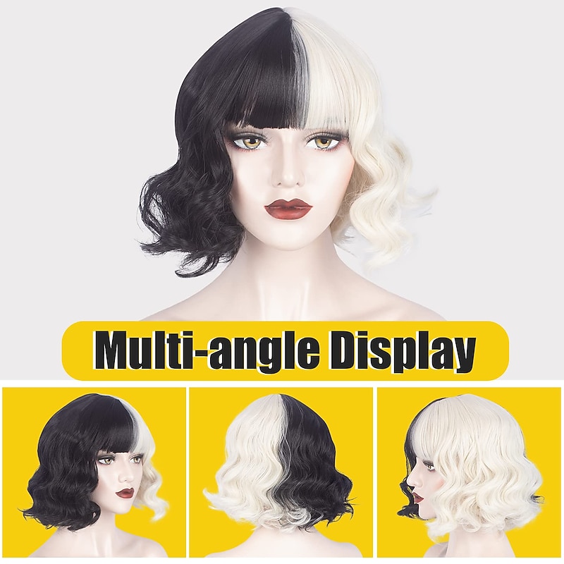 Black and Blonde Wig for Girls Short Wavy Half Black Half Blonde Wig with Bangs Cruella Deville  Women Cosplay Synthetic Wig Daily Party Halloween Wigs3