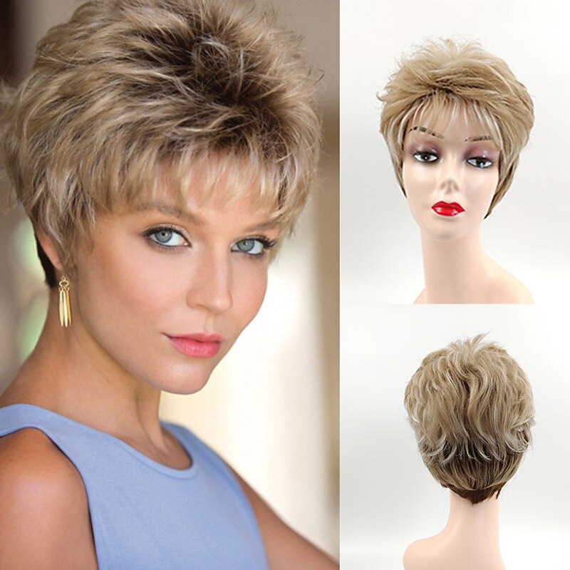 Brown Wigs for Women Pixie Cut Flufy Wig Natural Ombre Blonde Wigs Synthetic Wig4