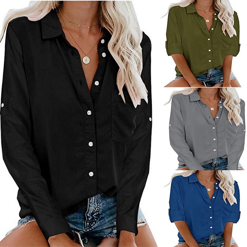 Women's Shirt Linen-Inspired Shirts Button Up Blouse Plain Elegant Business Basic Long Sleeve Shirt Collar Regular Tops Work Daily Weekend Black White Gray Fall & Winter4