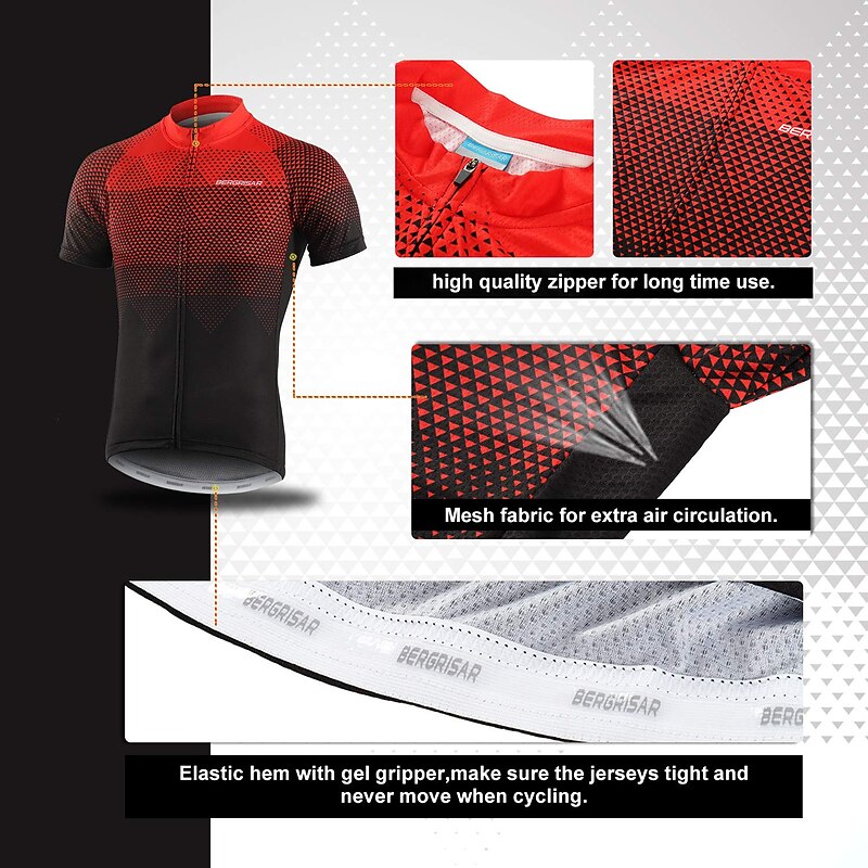 BERGRISAR Men's Short Sleeve Cycling Jersey with 3 Rear Pockets Summer Polyester Black Red Green Gradient Bike Jersey Top Mountain Bike MTB Road Bike Cycling Quick Dry Breathable Reflective Strips4