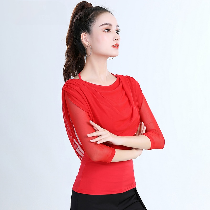 Latin Dance Activewear Top Pure Color Splicing Women's Training Performance 3/4 Length Sleeve High Cotton Blend4