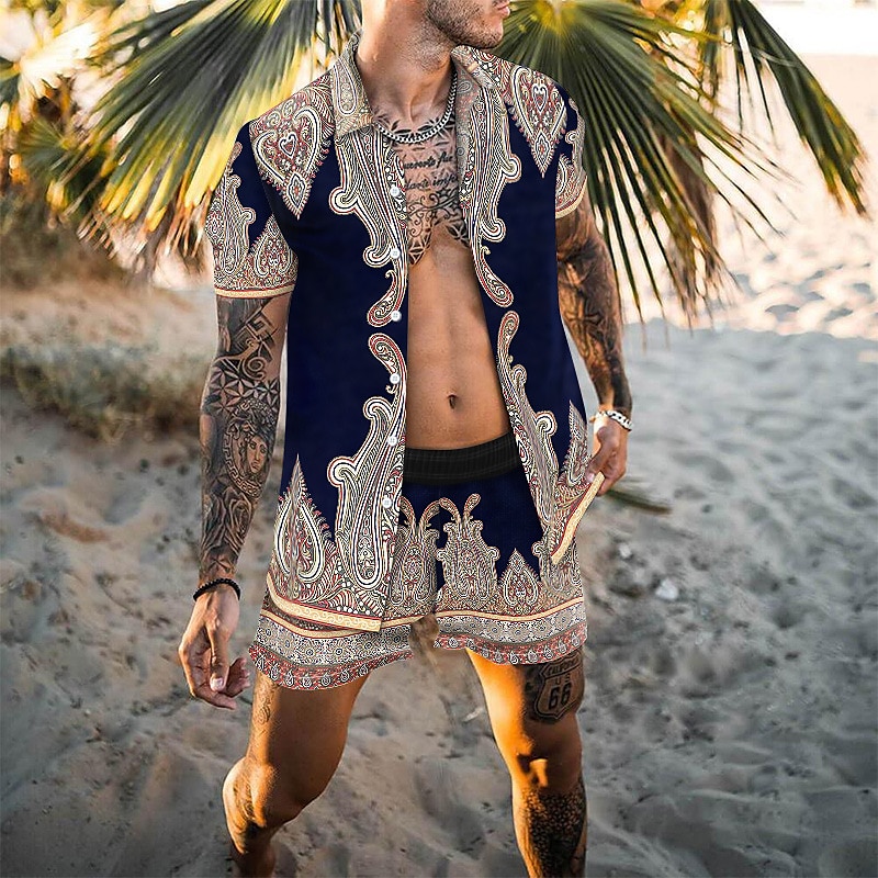 Men's Tribal 2pcs Shirts Sets Summer Hawaiian Shirt Short Sleeve Short Pants Turndown Fashion Hawaiian Designer Outdoor Vacation Beach 3D Print Button-Down Summer Spring Navy Blue