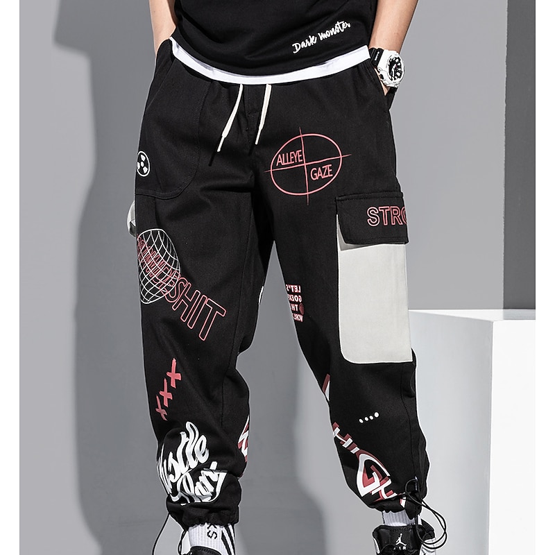 Men's Cargo Pants Cargo Trousers Joggers Trousers Drawstring Elastic Waist Multi Pocket Graphic Prints Breathable Soft Casual Daily Fashion Streetwear Black Gray3
