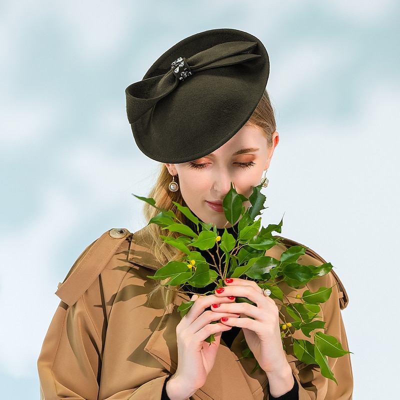 Fascinators Kentucky Derby Hat 100% Wool Bucket Hat Saucer Hat Wedding Party / Evening Melbourne Cup Cocktail Vintage Style Elegant With Bowknot Crystals / Rhinestones Headpiece Headwear3