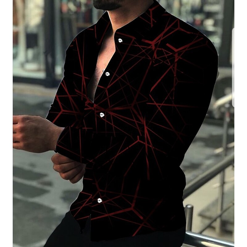 Men's Shirt Dress Shirt Geometric Pattern Outdoor Casual Red Blue Purple Green Long Sleeve Turndown Summer Spring Clothing Apparel Print