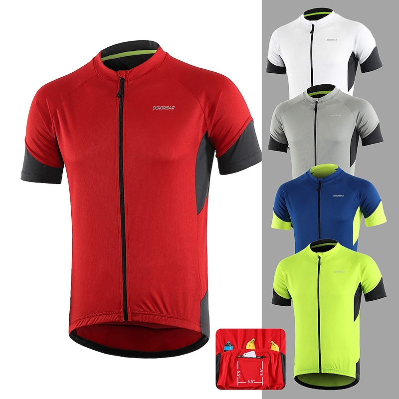 Arsuxeo Men's Short Sleeve Cycling Jersey Summer White Red Blue Bike Bicycle Shirt Zipper Pockets Polyester Patchwork Bike Top Mountain MTB Road Bike Moisture Wicking Breathable Reflective Strips