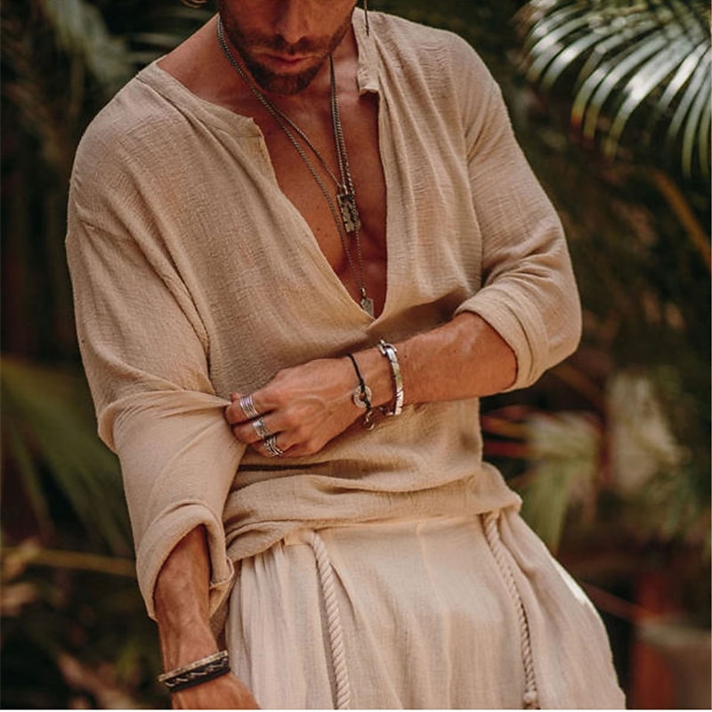 Men's Shirt Linen Shirt Viking Style Summer Shirt Beach Wear Solid Color Outdoor Street Green Beige Long Sleeve V Neck Summer Spring Clothing Apparel