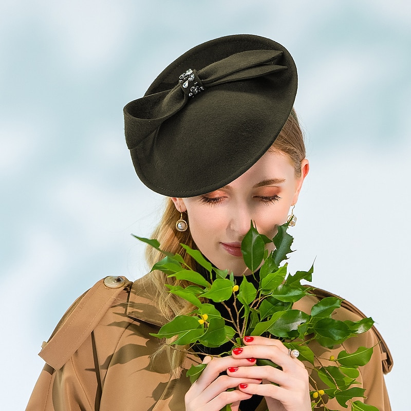 Fascinators Kentucky Derby Hat 100% Wool Bucket Hat Saucer Hat Wedding Party / Evening Melbourne Cup Cocktail Vintage Style Elegant With Bowknot Crystals / Rhinestones Headpiece Headwear2